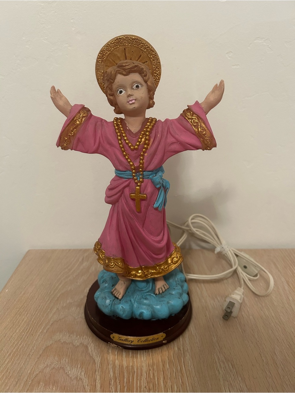 Pink and Gold Infant Jesus Figurine with Blue Accents - Decorative Home Accent